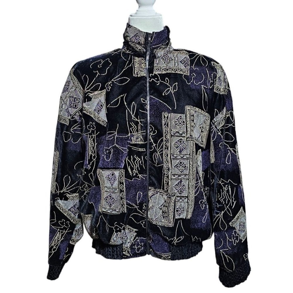 Vintage 80's Gantos black, purple & gold bomber velvet shoulder pad jacket Small